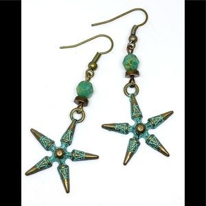 Blue Green Verdigris Patina Bronze Star with Czech Glass Rustic Tribal Earrings